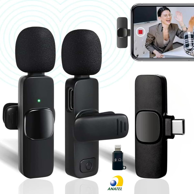 Kit Microfone de Lapela Profissional Sem Fio Altamente Sensivel Com 2 Entradas Almplamente Compativeis (Tipo C e IOS) Podcast, Youtubers, Influencer e TikTok Com Redução de Ruidos