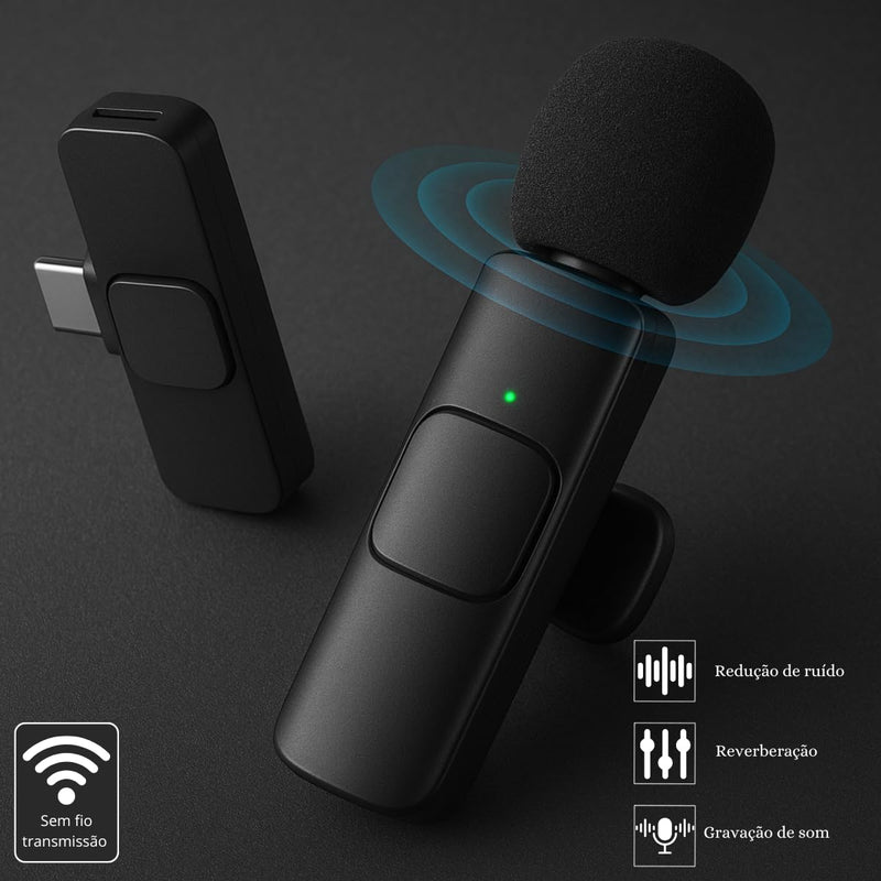 Kit Microfone de Lapela Profissional Sem Fio Altamente Sensivel Com 2 Entradas Almplamente Compativeis (Tipo C e IOS) Podcast, Youtubers, Influencer e TikTok Com Redução de Ruidos
