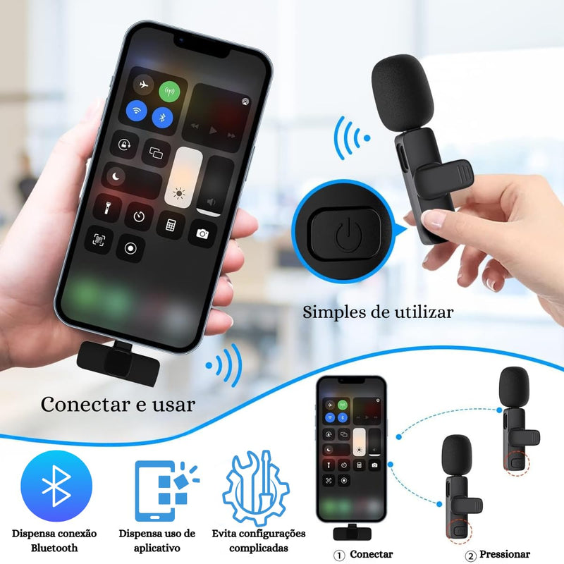 Kit Microfone de Lapela Profissional Sem Fio Altamente Sensivel Com 2 Entradas Almplamente Compativeis (Tipo C e IOS) Podcast, Youtubers, Influencer e TikTok Com Redução de Ruidos