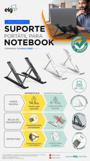 Suporte de Mesa Portátil para Notebook/Laptop de 10" a 17,3", 10 Níveis de Regulagem, Dobrável, Inclui Bolsa de Transporte, Preto, NTB8520B, ELG