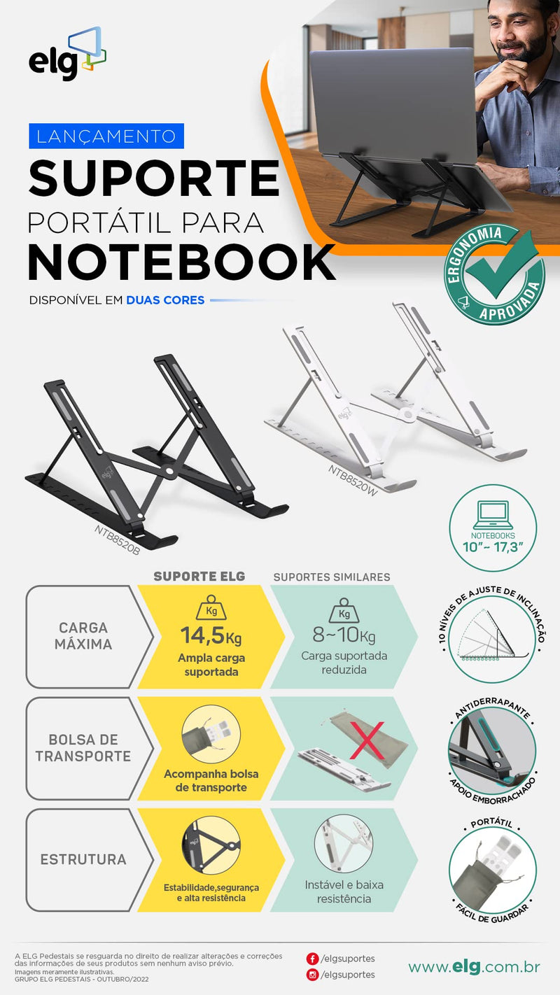 Suporte de Mesa Portátil para Notebook/Laptop de 10" a 17,3", 10 Níveis de Regulagem, Dobrável, Inclui Bolsa de Transporte, Preto, NTB8520B, ELG