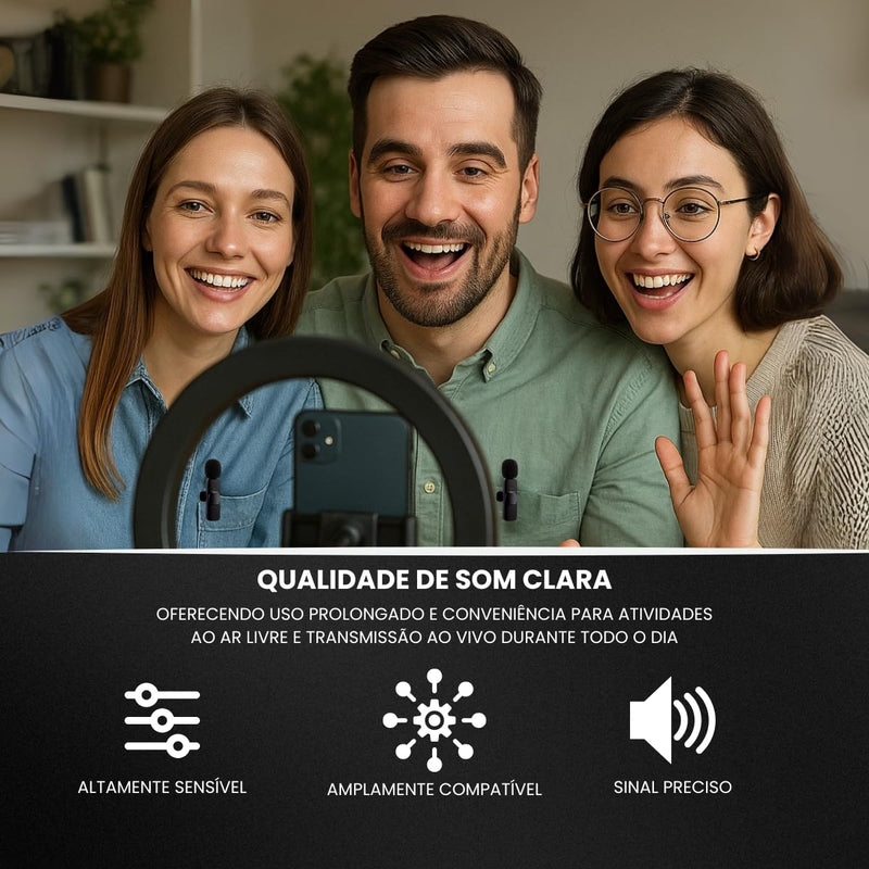 Kit Microfone de Lapela Profissional Sem Fio Altamente Sensivel Com 2 Entradas Almplamente Compativeis (Tipo C e IOS) Podcast, Youtubers, Influencer e TikTok Com Redução de Ruidos