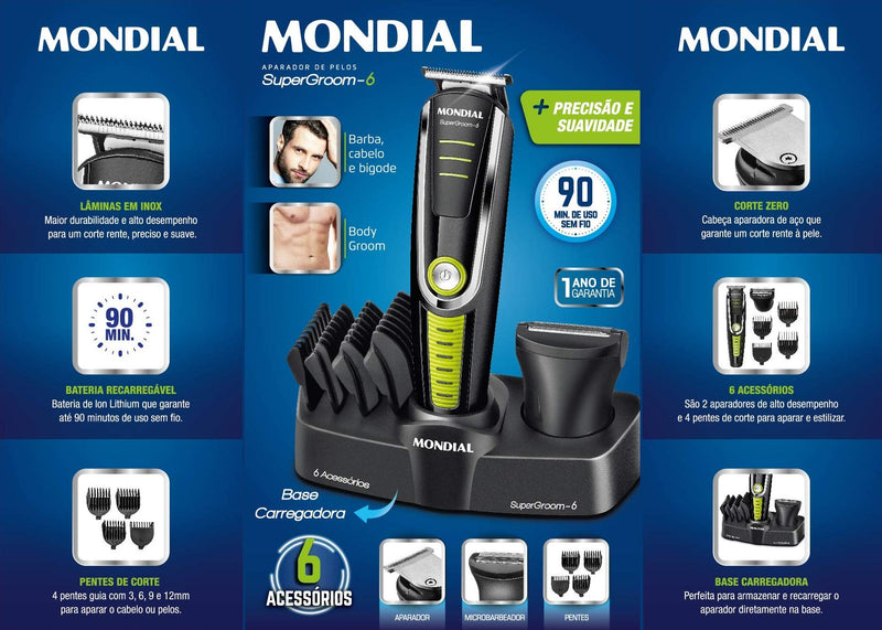 Aparador de Pelos Super Groom 06, Mondial, Preto/Verde, 6W, Bivolt